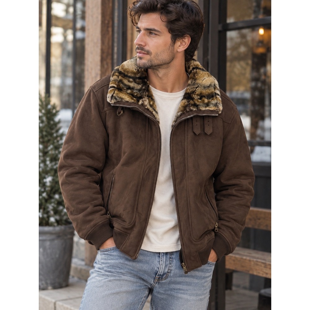 Sean John Mens Faux Suede Bomber Jacket Brown Faux Fur Collar XL Heavyweight